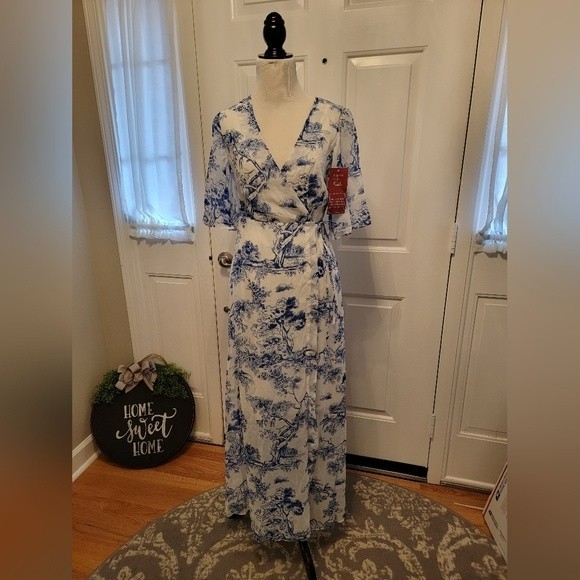 NWT Truth & Fable XS White & Blue Chiffon Maxi - Picture 1 of 8